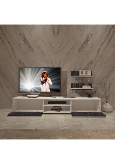 Decoraktiv Eko 4 Mdf Dvd Tv Ünitesi Tv Sehpası Beyaz - Siyah Mermer