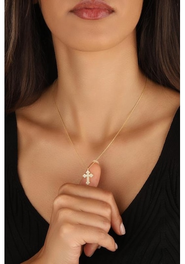 Beyaz Taşlı Gümüş Haç Kolye Iı Rose Gold