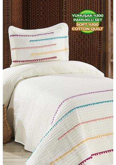 Evlen Home Nova Renkli Ponponlu %100 Pamuk Tek Kişilik Yatak Örtüsü Elyaf Dolgulu Pike Takımı Krem