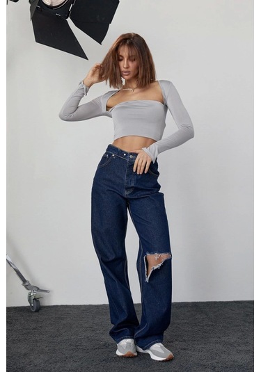 Kara Yaka Uzun Kollu Crop - Taş Karışık