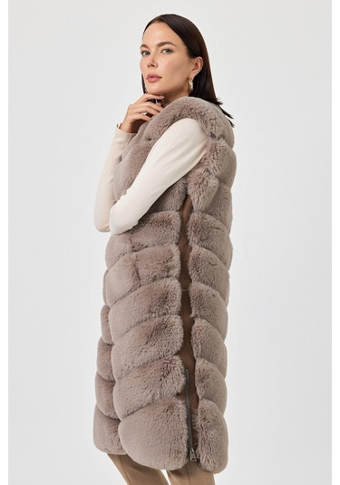 Vittoria Vizon Tüylü Uzun Yelek Siyah