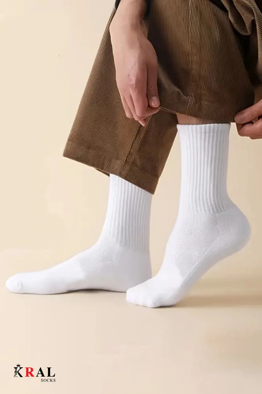 Unisex Beyaz 6 Çift Pamuklu Tenis Spor Uzun Soket Boy Çorap Beyaz