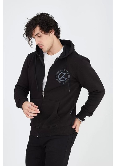 Erkek Kapüşonlu Baskılı Fermuarlı Hırka - Siyah Siyah