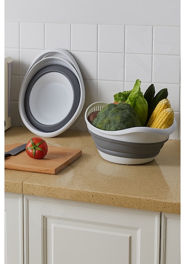 Yer Kaplamaz Katlanabilir Pirinç Bakliyat Ve Yıkama Süzgeci - Meyve Sebze Yıkama - Akordiyon Kap Beyaz - Gri