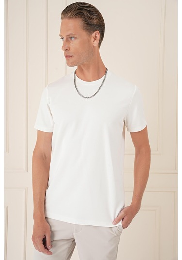 Comfort Fit Bisiklet Yaka Esnek Pamuk Casual Ekru Tişört Ts 885 Ekru