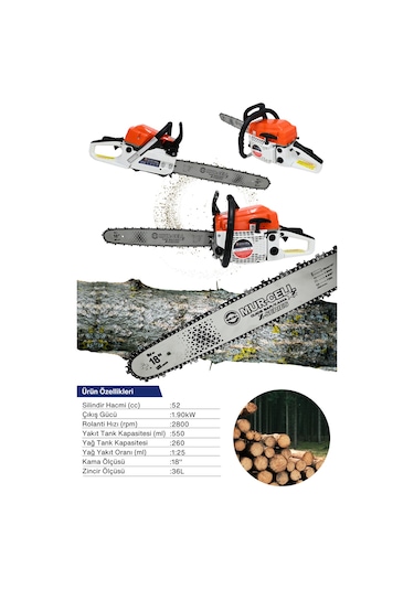 Mur-5201 Benzinli Testere Hızar Motoru Ağaç Odun Kesme Testeresi 52cc