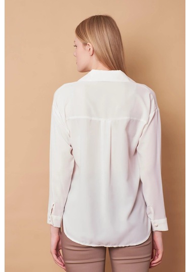 Kadın Yakalı Düşük Omuzlu Uzun Kol Likrasız Kumaş Gömlek-krem Krem