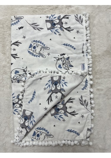 Uyuyan Pembe Geyik Ponponlu Çift Kat Pazen Örtü 100 120cm Mavi