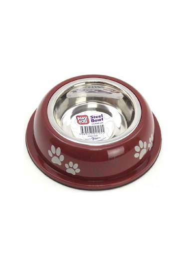 Playfull Pati ve Kemik Desenli Kauçuk Tabanlı Çelik Mama ve Su Kabı 12 CM