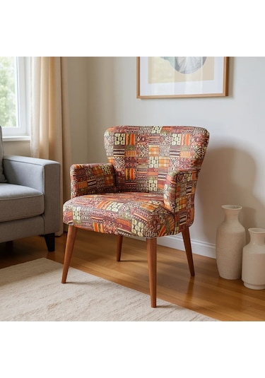Roma Modern Tekli Koltuk Berjer - Dijital Baskılı Kumaş - Ahşap Ayak - Nostaljik Desen Nostaljik
