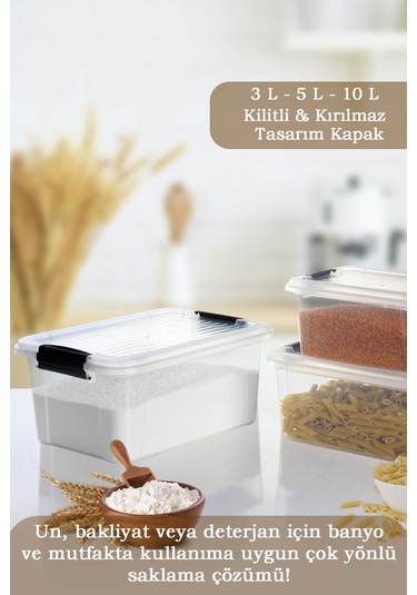 3'lü Kilit Kapak 3-5-10 Lt Erzak Saklama Kabı Çok Amaçlı Düzenleyici Kutu Deterjan Un Bakliyat Kabı Şeffaf