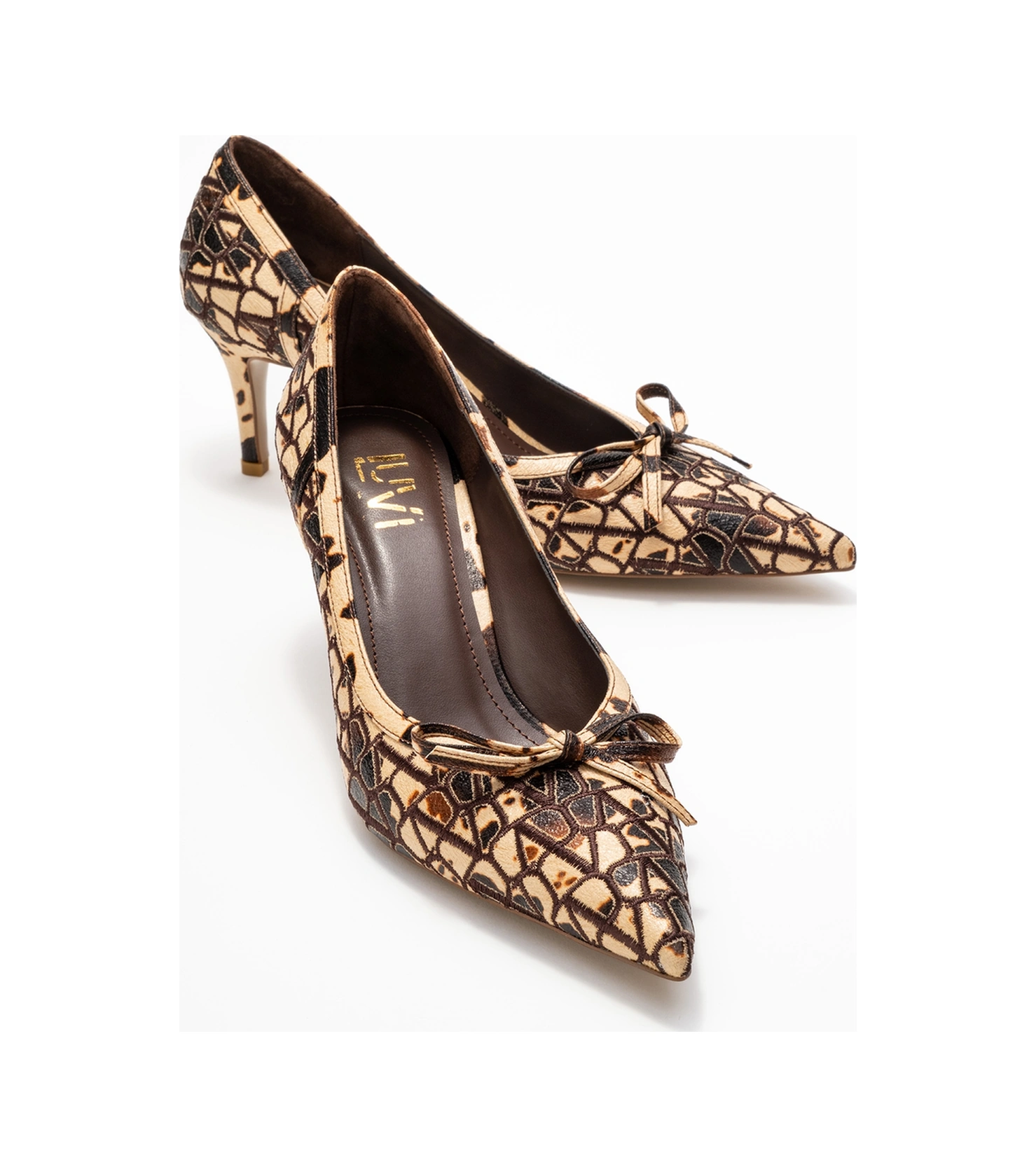 Camden Bej Desenli Fiyonklu Kadın Topuklu Ayakkabı Bej