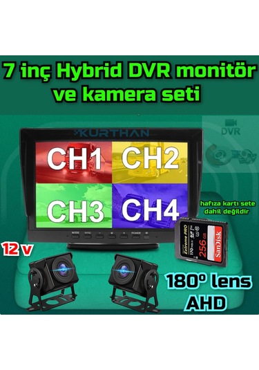 2 Adet 1080p Ahd 180 Derece Balık Gözü Kamera 7 İnç 256 Gb Destekli Hybrid Dvr Monitör 12 Volt