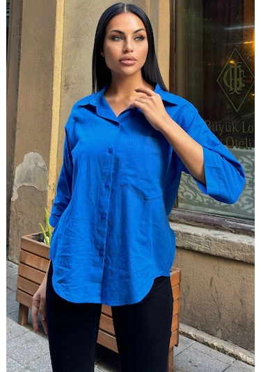 Saks Truvakar Kol, Oval Kesim, Terletmez, Flamlı Keten Salaş Gömlek Saks