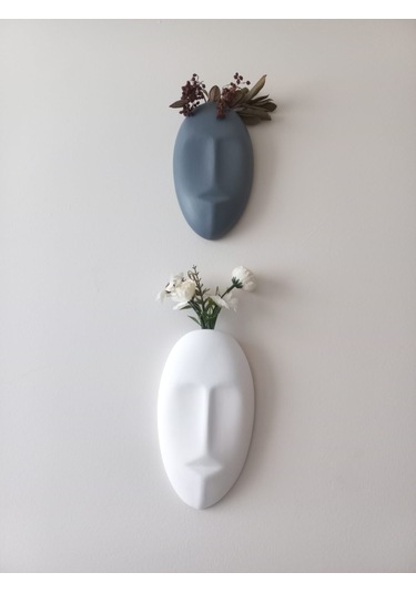 Dekoratif 2'li Yüz Duvar Vazosu, Duvar Süsü ,heykel Aksesuar Beyaz Gri