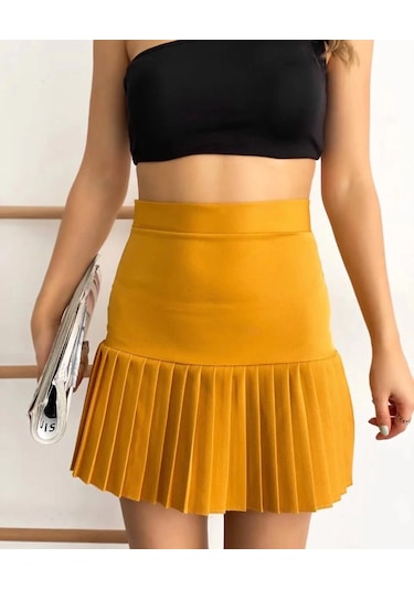 Altı Pliseli Mini Etek Hardal S24705 Hardal