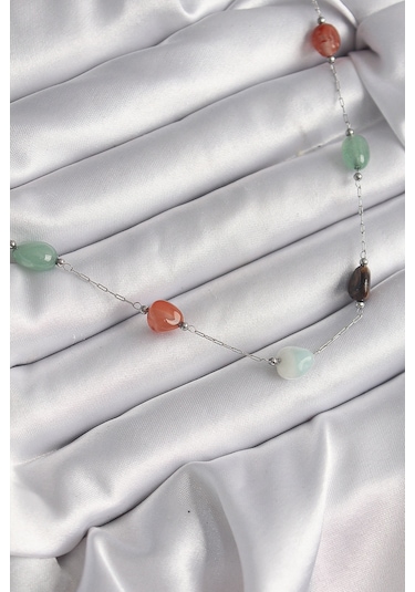 Gümüş Renk Zincir Renkli Doğaltaş Model Kadın Kolye - Ebj250113w30603 Bakır