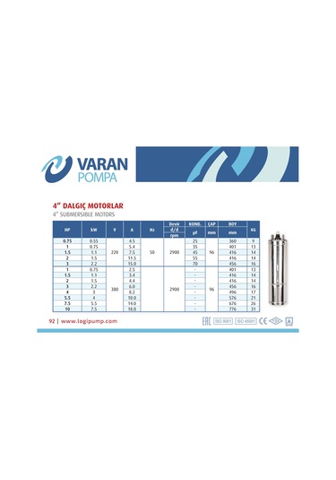 Varan 1.5 Hp / 1.1 Kw Tek Motor Trifaze 380 V 4" Derin Kuyu Pompası Sondaj Motoru Vtm 1.5-t