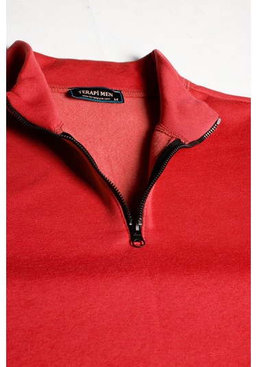 Erkek Açık Kırmızı Yarım Fermuarlı Basic Düz Sweatshirt Açık Kırmızı