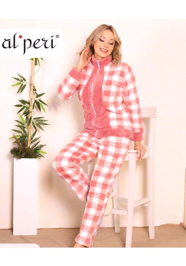 Alperi Uzun Kol Fermuarlı Welsoft Pelüş Pijama Takımı Pudra