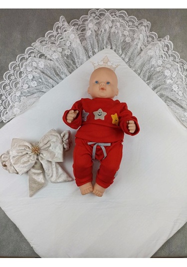 Yenidoğan Saray Kadife Taç Nakışlı İnci Fiyonklu Çift Dantel Duvak Trilüks Kundak Bebek Battaniyesi Vizon-ekru Ekru - Vizon