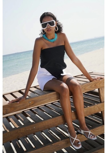 Defymoda Bağlamalı Denim Crop Siyah