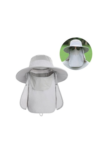 Çıkarılabilir Boyun Koruyucu Ve Yüz Siperliği Olan Geniş Kenarlı Ağızlı Güneşlik Şapka Gri