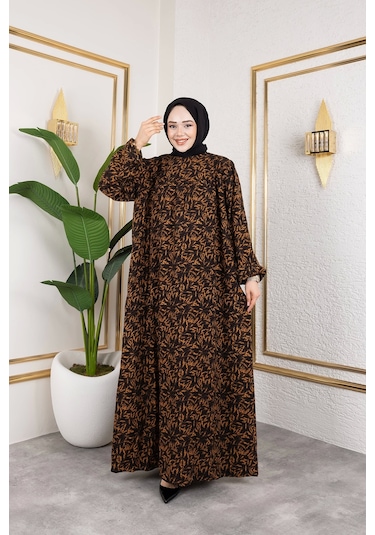 Nevayla Moda Robalı Desenli Viskon Elbise - Kiremit / E0126 Kiremit