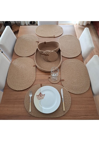 Oval 6 Kişilik 14 Parça Hasır Rengi Amerikan Servis, Hasır Supla Naturel