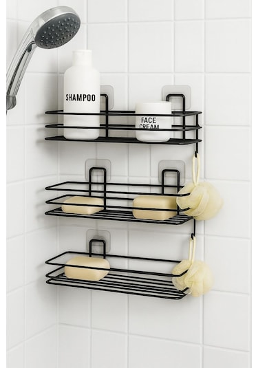 Delmeden Yapıştır 3 Katlı Banyo Duvar Rafı, Şampuan & Duş Organizer, Siyah Siyah