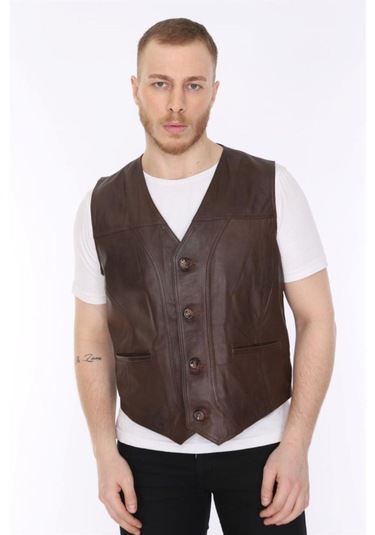 Hakiki Kuzu Derisi Kahverengi Classic Düğmeli Erkek Deri Yelek Kahverengi