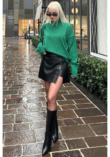 Siyah Mini Boy Kadın Deri Etek Mg2298 Siyah