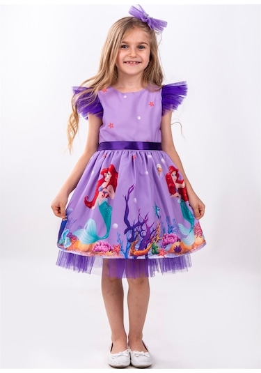 Deniz Kızı Desenli Tül Detaylı Kız Çocuk Parti Elbisesi