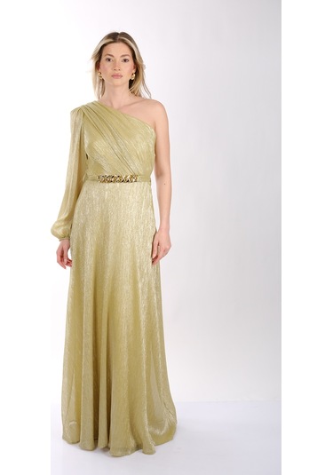 Explosion Tek Omuz Maxi Metalik Elbise - Şıklığı Ve Konforu Bir Arada Lime