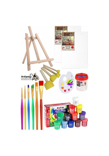 Mini Şövale 25x35 2 Li Tuval Fatih 12 Renk Guaj Boya Başlangıç Seti Fırça Palet Ponpon Temizleme Kabı Masaüstü Sanatsal