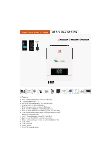 Uretech 10.2kva 10.2kw 10200 Watt Tam Sinüs Akıllı Mppt 160a 55-450vdc İnverter 48vdc-220vac 11kw İnvertör