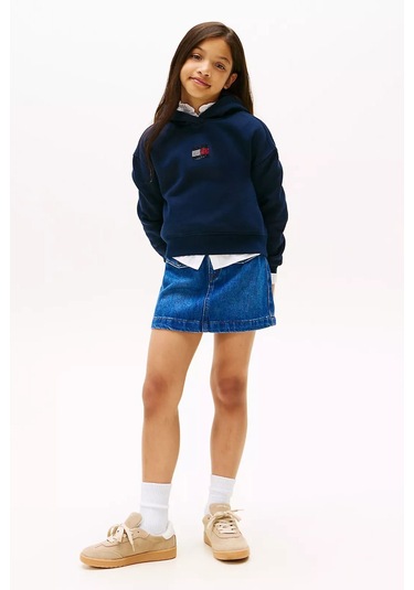 Kız Çocuk Rahat Kalıp Taşlı Amblemli Kapüşonlu Sweatshirt - Lacivert Dark Night Navy