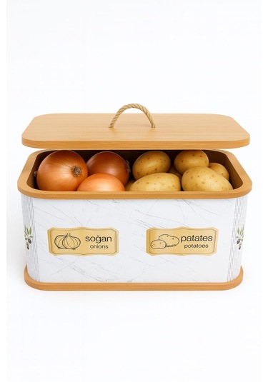 Dekorasyaa 2 Bölmeli Patates Soğanlık - Bambu - Dikdörtgen Beyaz Desen Beyaz