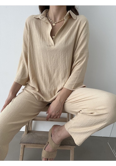 Kadın Polo Yaka Üst Pantolon Ikili Takım Bej