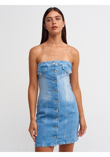 Dilvin 90525 Arka Bölümü Lastikli Mini Elbise-Mavi