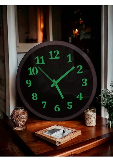 Fosforlu Gece Karanlıkta Parlayan Metal Duvar Saati Çap 30 Cm Siyah