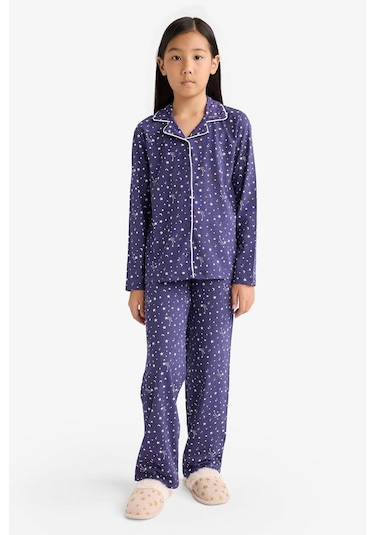 Defacto Kız Çocuk Pijama Takımı Relax Fit Desenli Uzun Kollu Üst Uzun Alt F7285a825aupr160 Mor