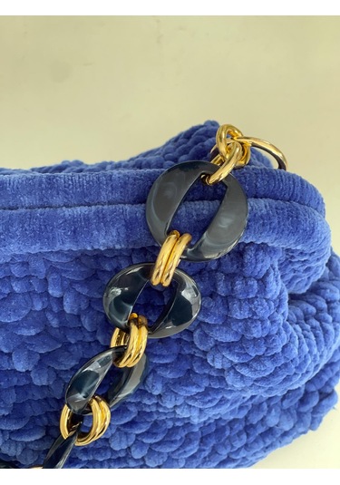 El Yapımı Gece Mavisi Yün Örgü El Çantası Mavi