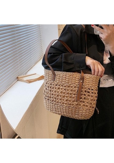 Ganzhoushop Yaz Üst Tote Saplı Plaj Omuz Kova Khaki Kapasiteli Kadınlar İçin Hasır Dokuma Çantası Çantası Çanta Büyük Alışveriş My Haki