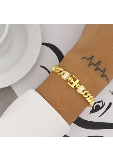 925 Ayar Gümüş E Harfi Gold Gurmet Bileklik