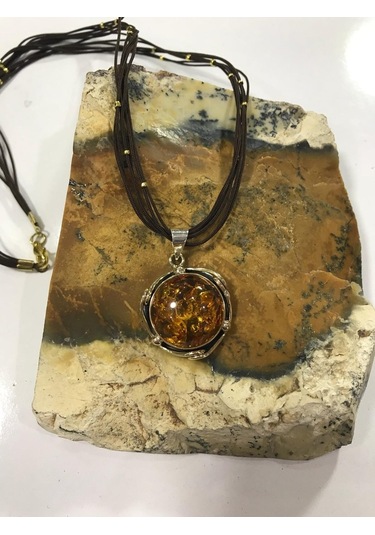 Kehribar Taşlı Gümüş Kolye 925 Ayar (307783778)