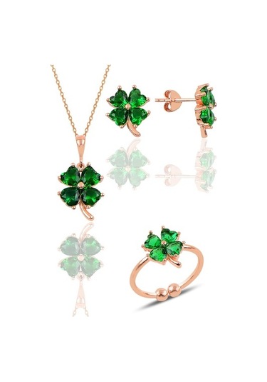 Gümüş Rose Kök Zümrüt Taşlı Yonca Kolye Küpe Ve Yüzük Üçlü Set
