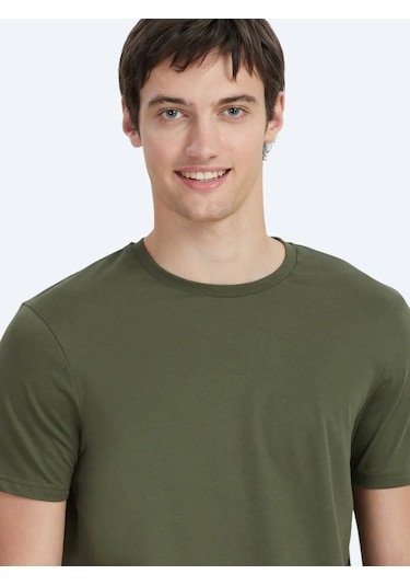 Kip Haki Düz Bisiklet Yaka %100 Pamuk T-shirt Haki