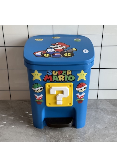 Super Mario Büyük Kapasite Ayak Pedallı Kapaklı Sevimli Çocuk Odası Çöp Kovası Mavi