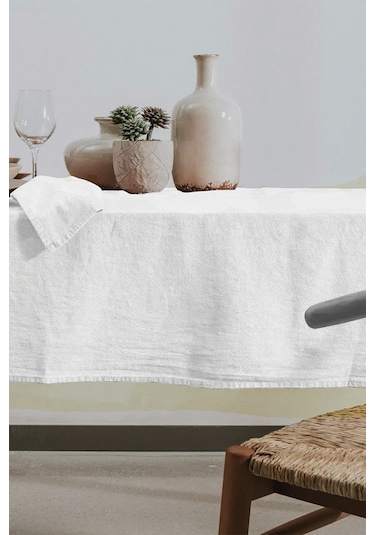 Vivamaison Yıkanmış Pamuk Keten Masa Örtüsü Beyaz
